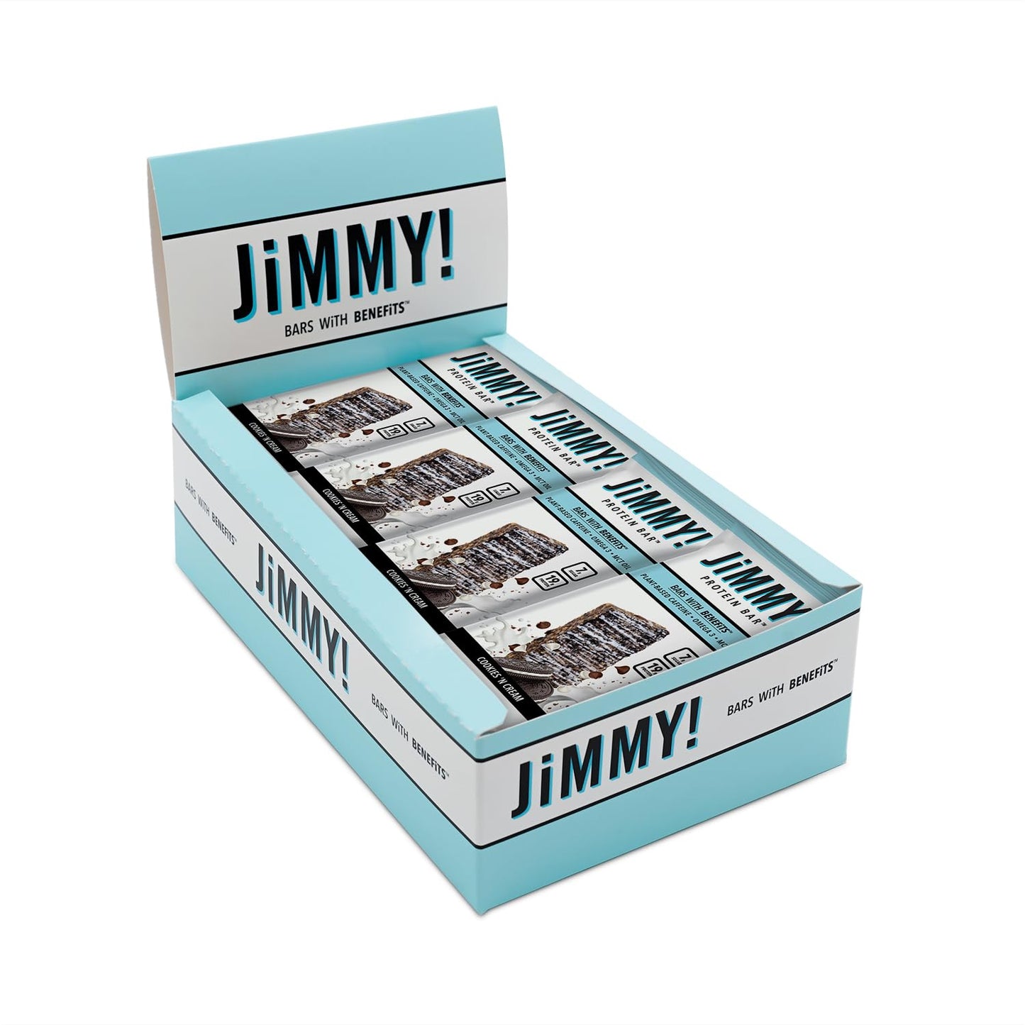 12-Count JIMMYBAR JiMMY'S! Cookies and Cream Protein Bar with 18g Protein, Caffeine, Omega 3, MCT Oils - Low Sugar, Gluten-Free, Energy-Boosting Snack