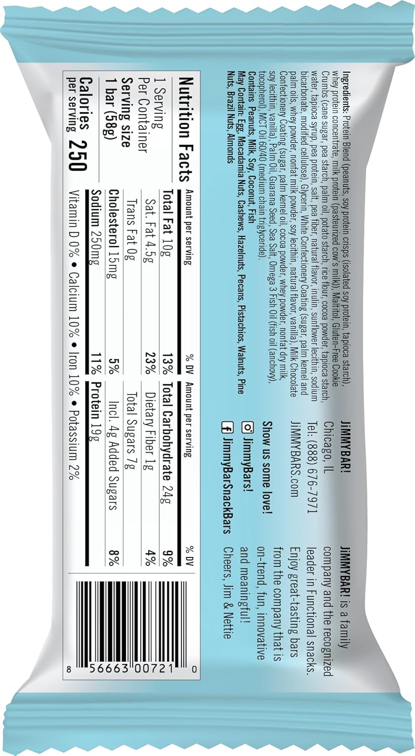 12-Count JIMMYBAR JiMMY'S! Cookies and Cream Protein Bar with 18g Protein, Caffeine, Omega 3, MCT Oils - Low Sugar, Gluten-Free, Energy-Boosting Snack