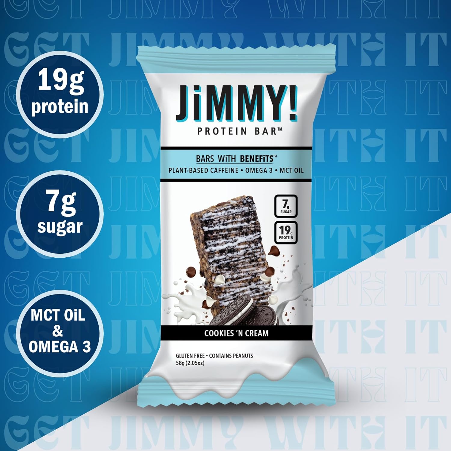 12-Count JIMMYBAR JiMMY'S! Cookies and Cream Protein Bar with 18g Protein, Caffeine, Omega 3, MCT Oils - Low Sugar, Gluten-Free, Energy-Boosting Snack