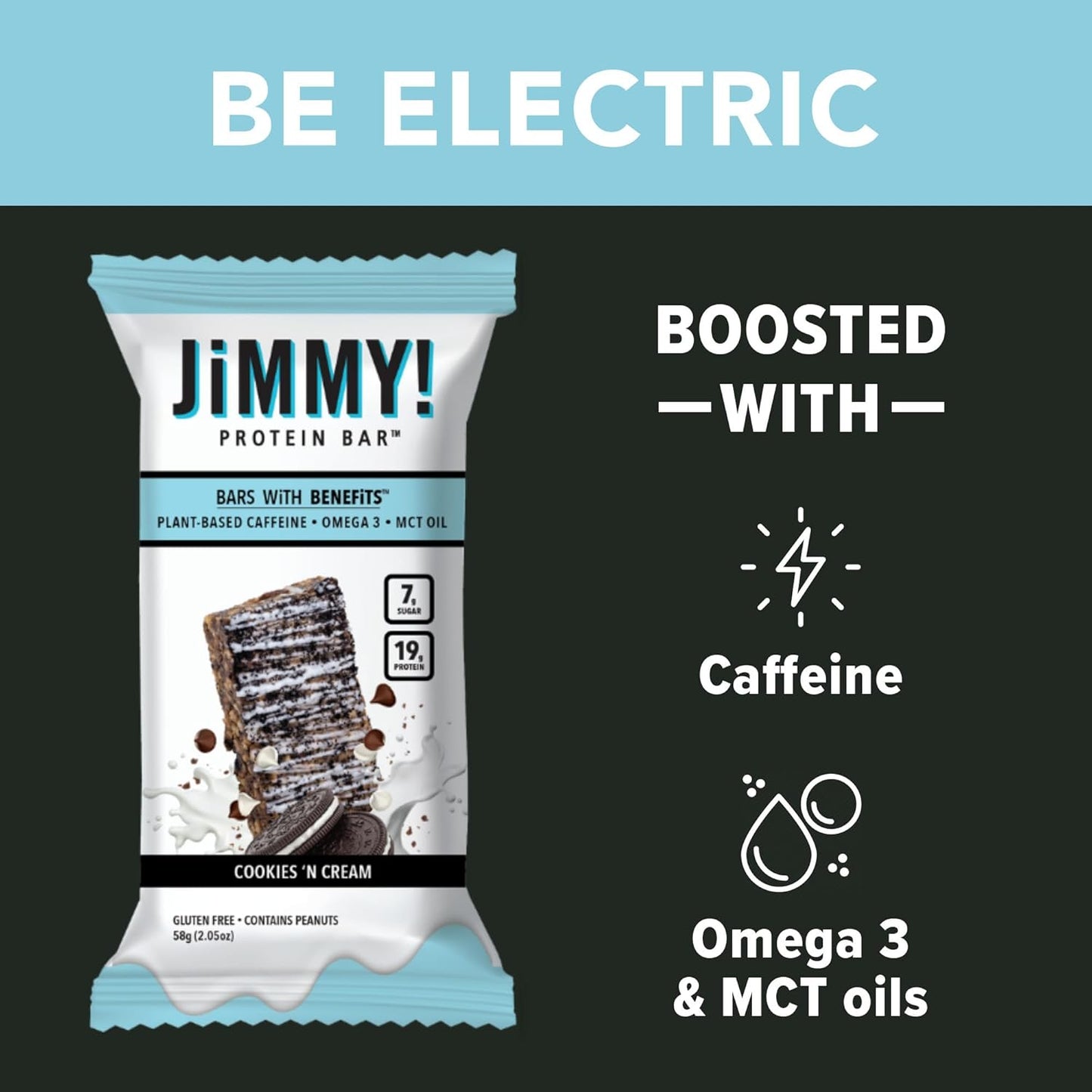 12-Count JIMMYBAR JiMMY'S! Cookies and Cream Protein Bar with 18g Protein, Caffeine, Omega 3, MCT Oils - Low Sugar, Gluten-Free, Energy-Boosting Snack