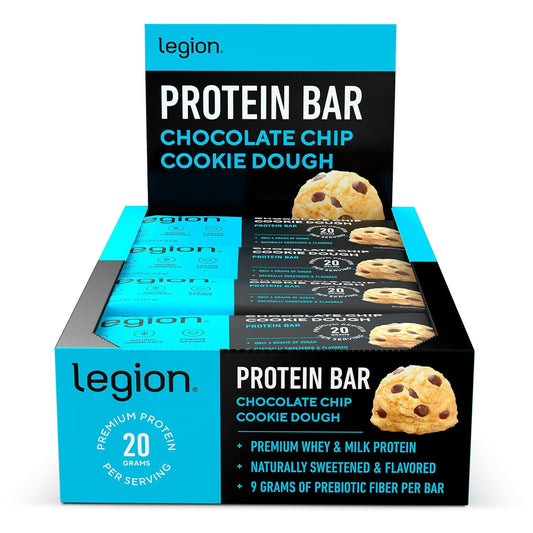 12 Count Legion Chocolate Chip Cookie Dough Whey Protein Bars - Low Sugar, High Protein with Prebiotic Fiber - Soy-Free, Gluten-Free, Naturally Flavored Snack