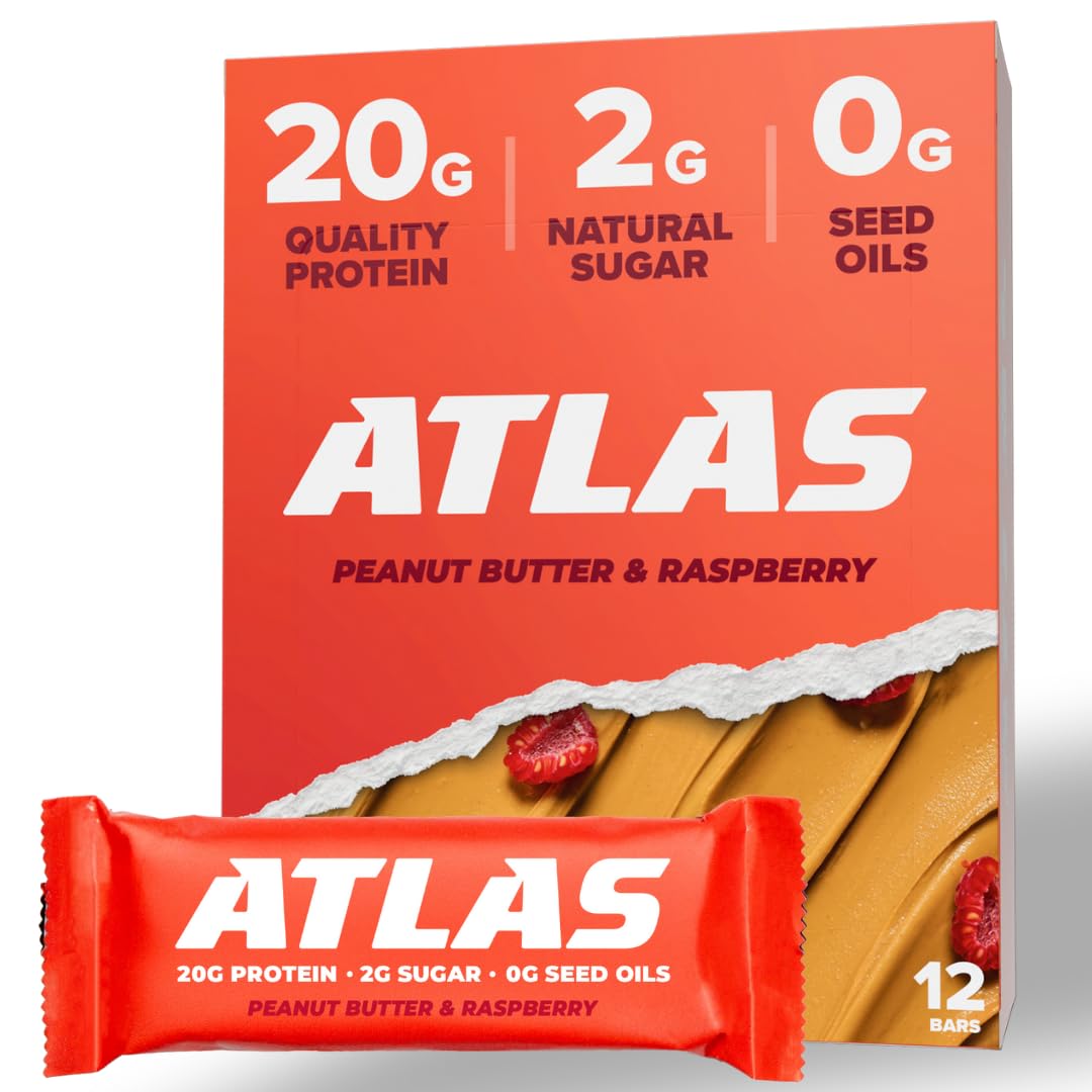 12-Count Pack of Atlas Protein Bars - Peanut Butter Raspberry Flavor, 20g Protein, 1g Sugar, Gluten Free & Clean Ingredients