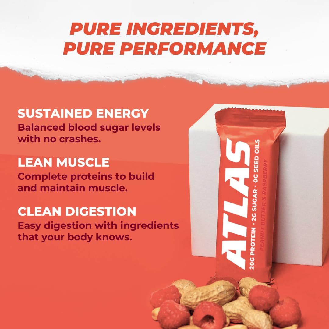 12-Count Pack of Atlas Protein Bars - Peanut Butter Raspberry Flavor, 20g Protein, 1g Sugar, Gluten Free & Clean Ingredients