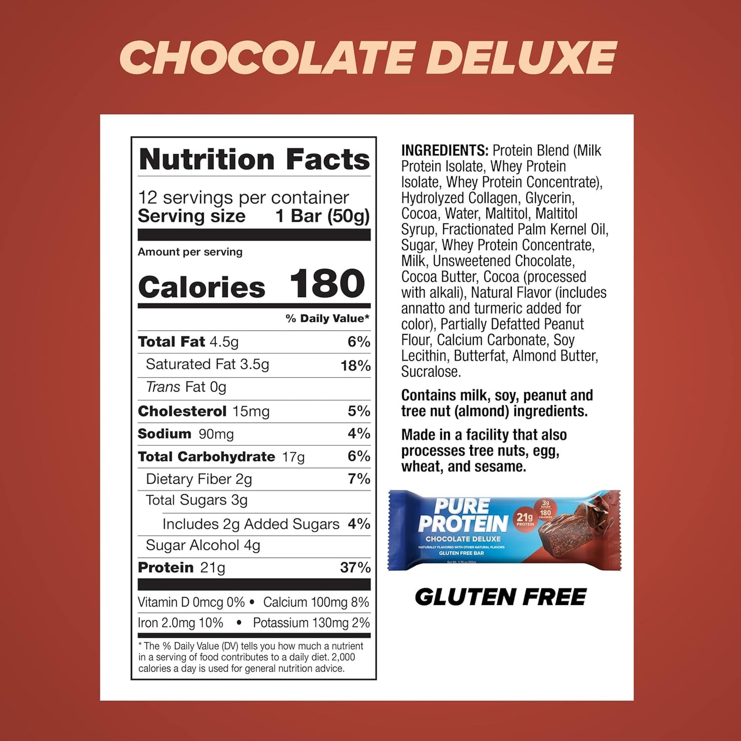 12-Count Pure Protein Bars, Chocolate Deluxe, High Protein, Low Sugar, Gluten Free Snacks for Energy Support, 1.76 oz.