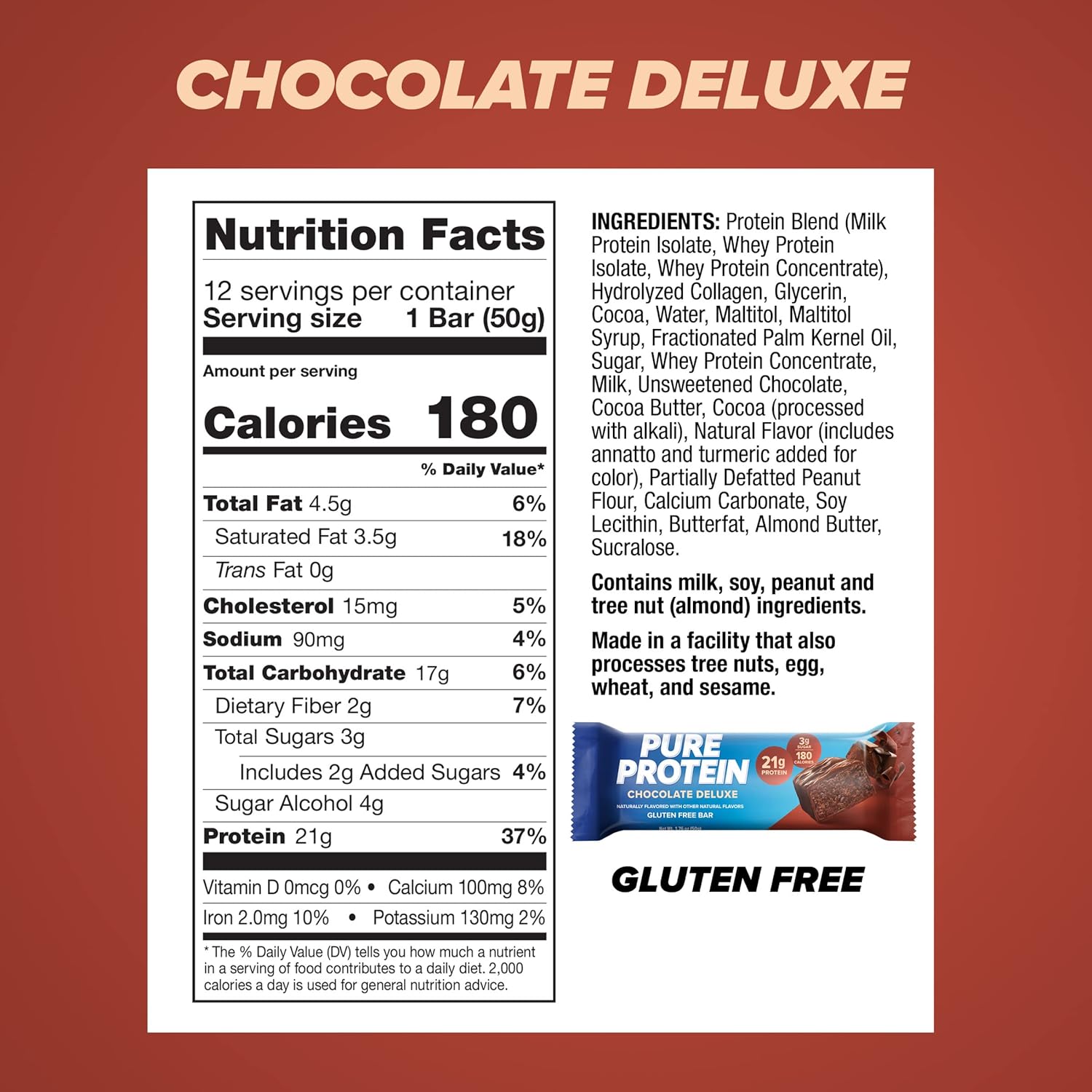 12-Count Pure Protein Bars, Chocolate Deluxe, High Protein, Low Sugar, Gluten Free Snacks for Energy Support, 1.76 oz.