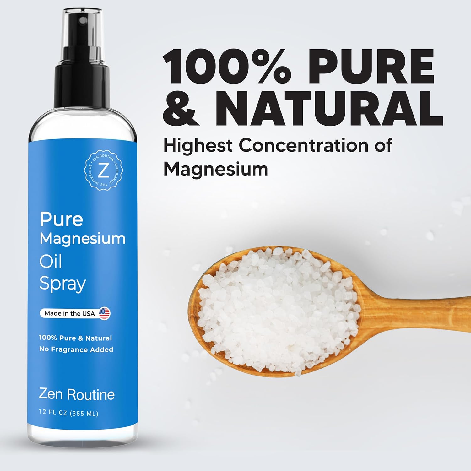 12 fl oz Zen Routine Pure Magnesium Oil Spray - Fast Absorbent, 100% Organic, Promotes Calm Sleep and Relaxation - Made in USA