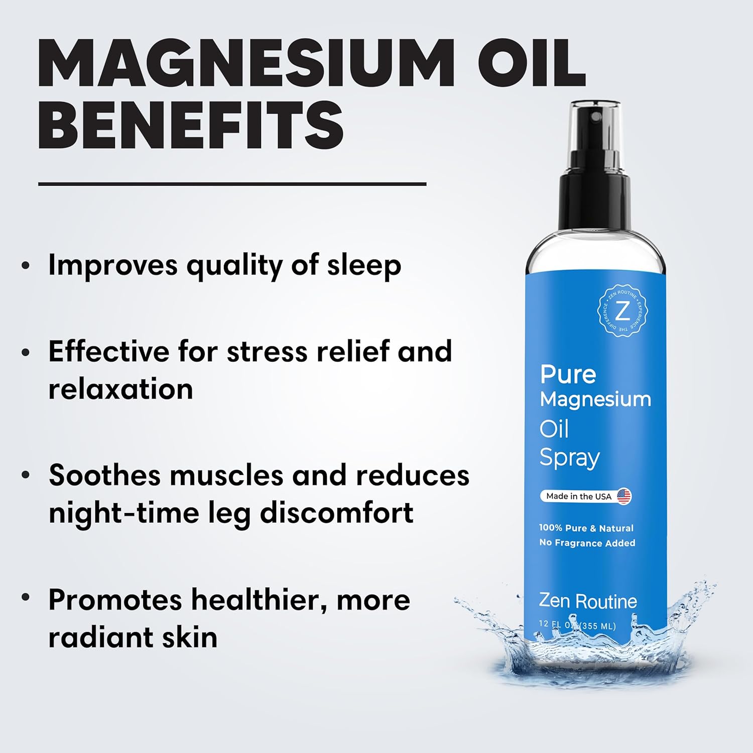 12 fl oz Zen Routine Pure Magnesium Oil Spray - Fast Absorbent, 100% Organic, Promotes Calm Sleep and Relaxation - Made in USA