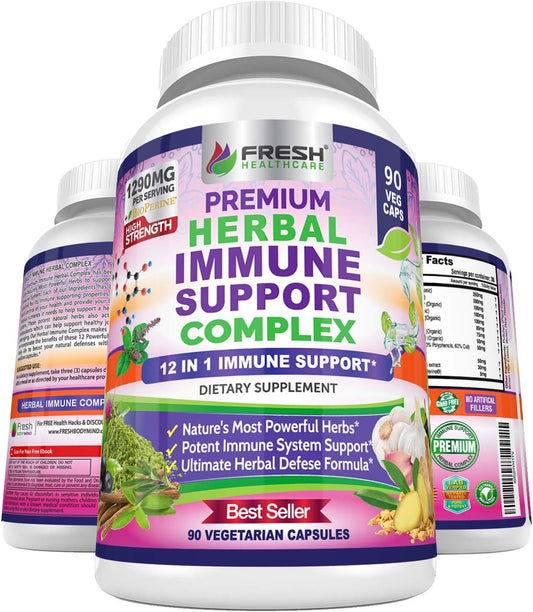 12-in-1 Immune Support Herbal Supplement - Daily Defense Booster with Garlic, Ginger, Elderberry, Green Tea Extract - 90 Vegan Capsules