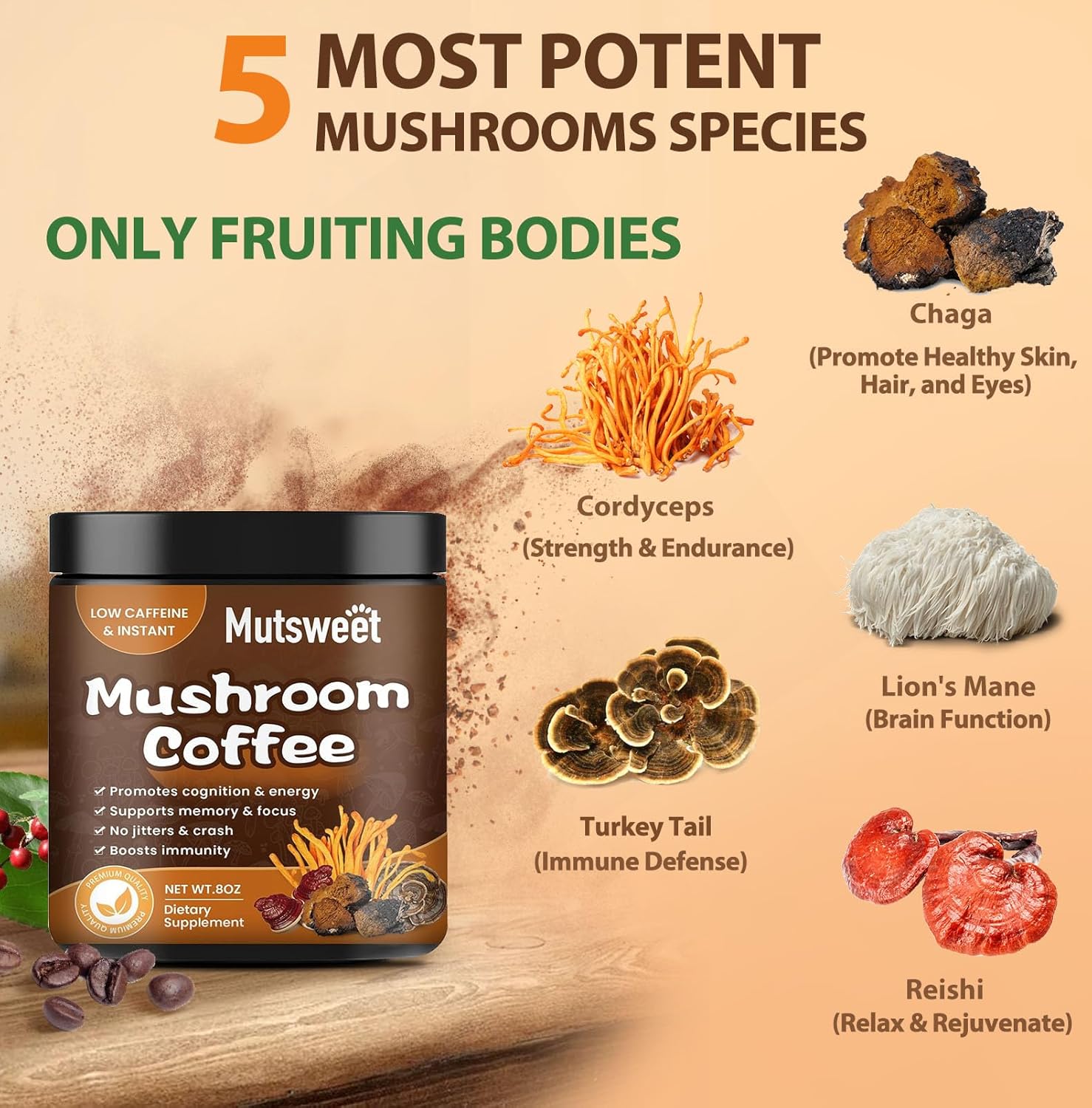 12-in-1 Mushroom Coffee Mix with Lion's Mane, Turkey Tail, Chaga, Cacao, L-Theanine for Immune Support & Energy Boost