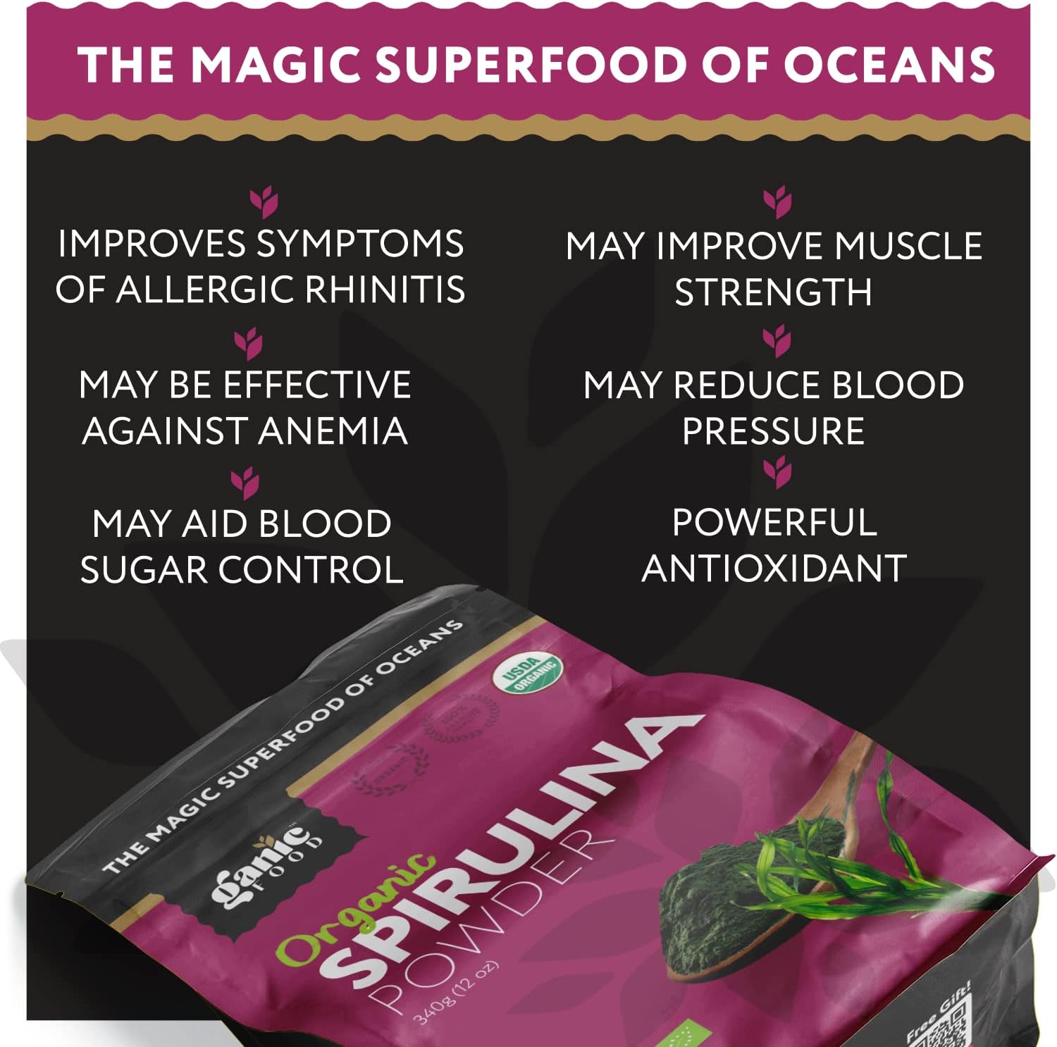 12 Ounces of Ganic Food Organic Spirulina Powder for a Nutrient-Rich Boost