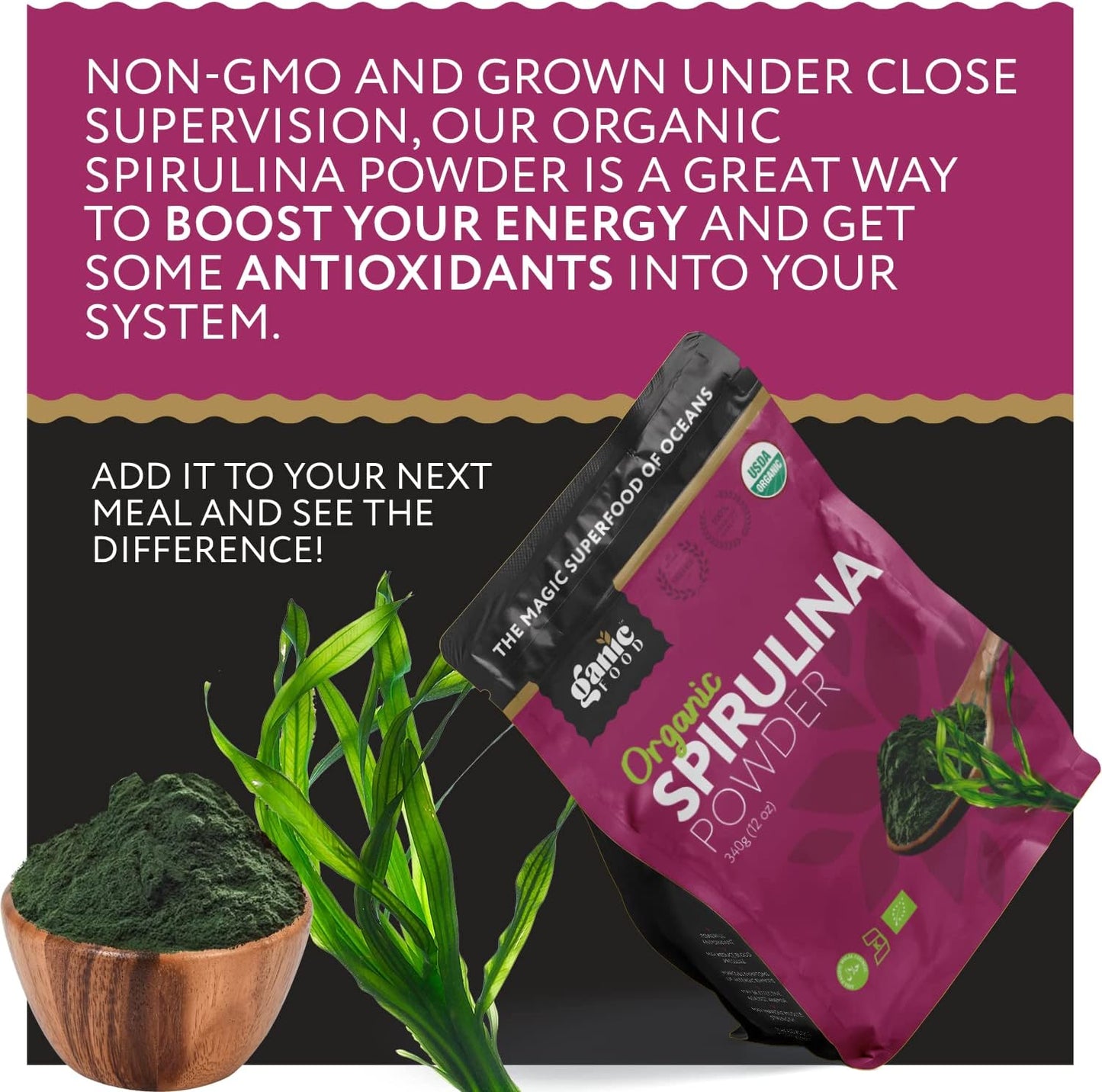 12 Ounces of Ganic Food Organic Spirulina Powder for a Nutrient-Rich Boost