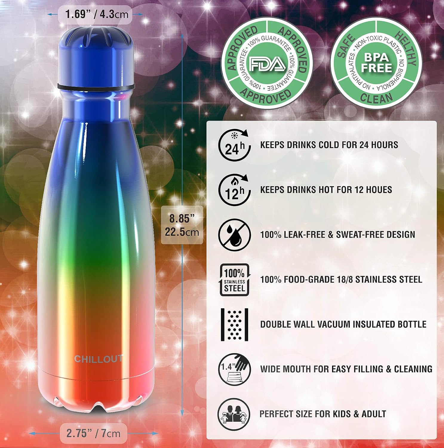 12 oz Double Wall Insulated Stainless Steel Water Bottle for Kids School - BPA Free Metal Sports Bottle for Cold and Warm Drinks - Boys, Girls, Women - CHILLOUT LIFE