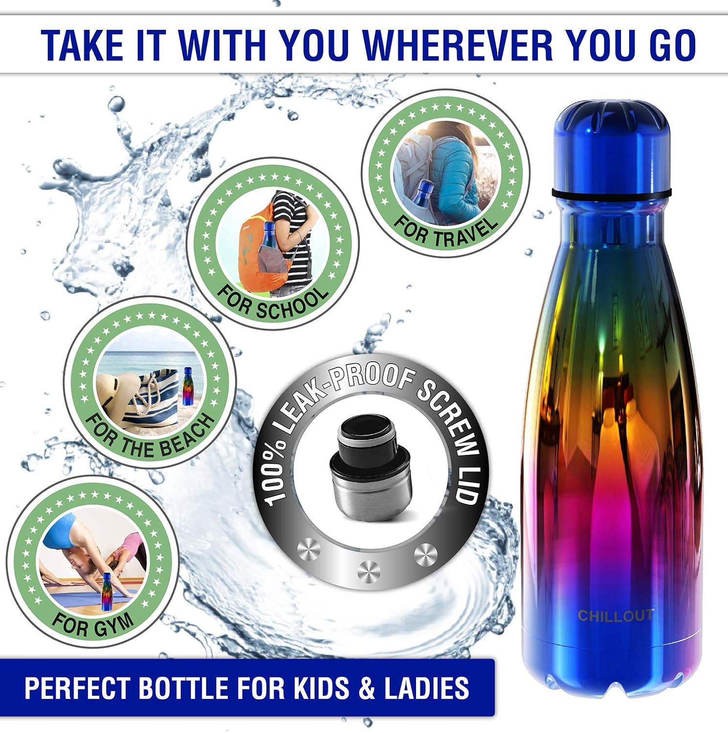 12 oz Double Wall Insulated Stainless Steel Water Bottle for Kids School - BPA Free Metal Sports Bottle for Cold and Warm Drinks - Boys, Girls, Women - CHILLOUT LIFE