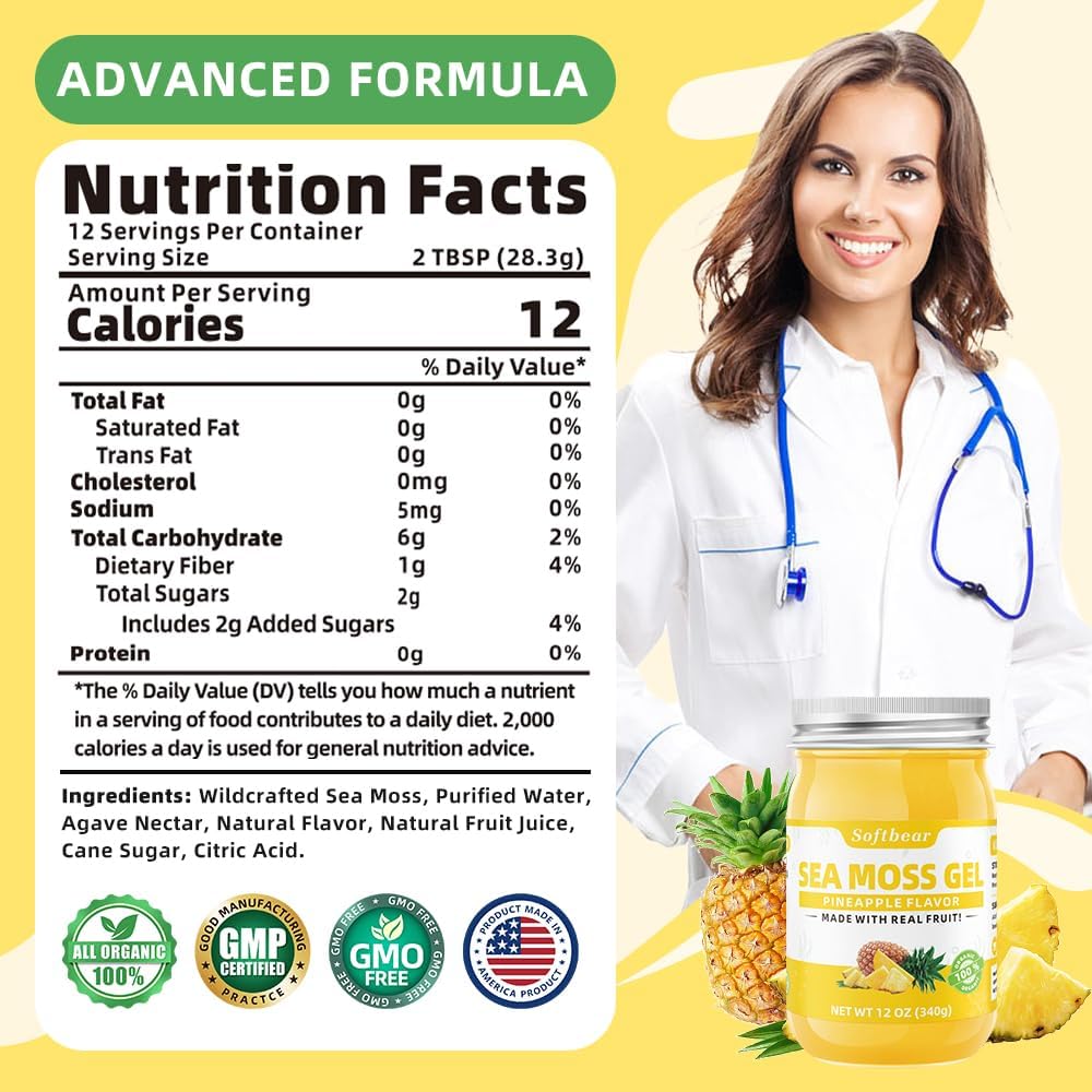 12 OZ Pineapple Flavored Sea Moss Gel - Organic Wildcrafted Irish Sea Moss with 92 Minerals and Vitamins - Vegan Non-GMO Gluten-Free Supplement for Immune, Thyroid, Digestive Health