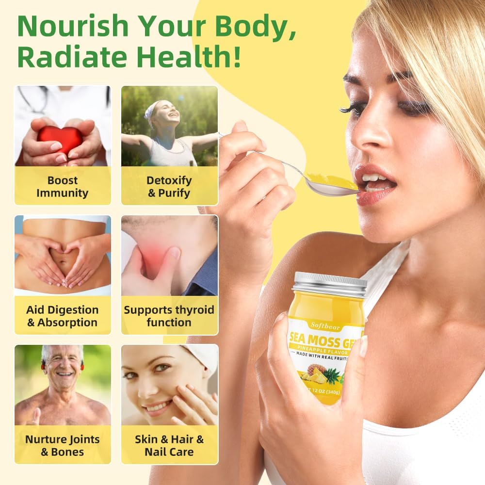 12 OZ Pineapple Flavored Sea Moss Gel - Organic Wildcrafted Irish Sea Moss with 92 Minerals and Vitamins - Vegan Non-GMO Gluten-Free Supplement for Immune, Thyroid, Digestive Health