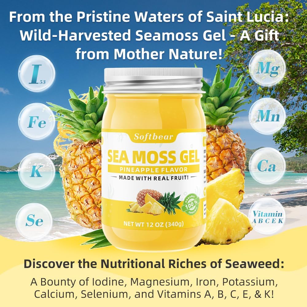 12 OZ Pineapple Flavored Sea Moss Gel - Organic Wildcrafted Irish Sea Moss with 92 Minerals and Vitamins - Vegan Non-GMO Gluten-Free Supplement for Immune, Thyroid, Digestive Health