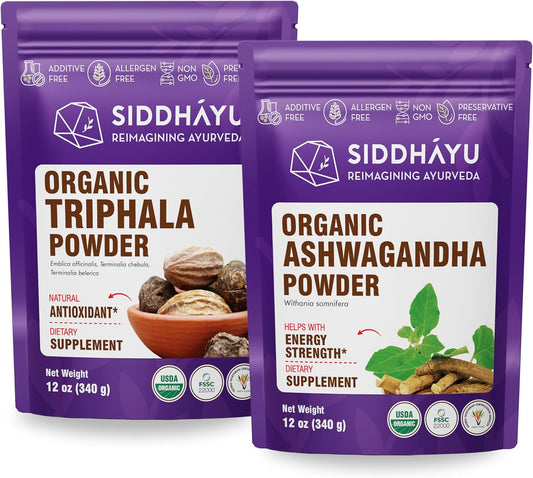 12 oz Siddhayu Organic Triphala Powder and Ashwagandha Powder Combo Pack
