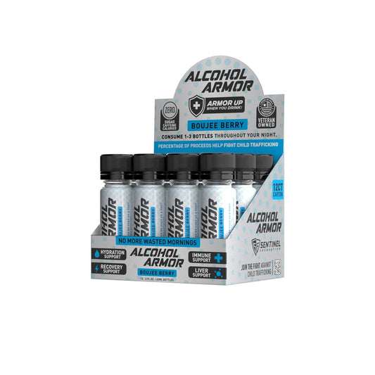 12 Pack Alcohol Armor Boujee Berry Elixir with Hydration Support, Essential Vitamins, and Electrolytes, Including Vitamin B12 and Milk Thistle