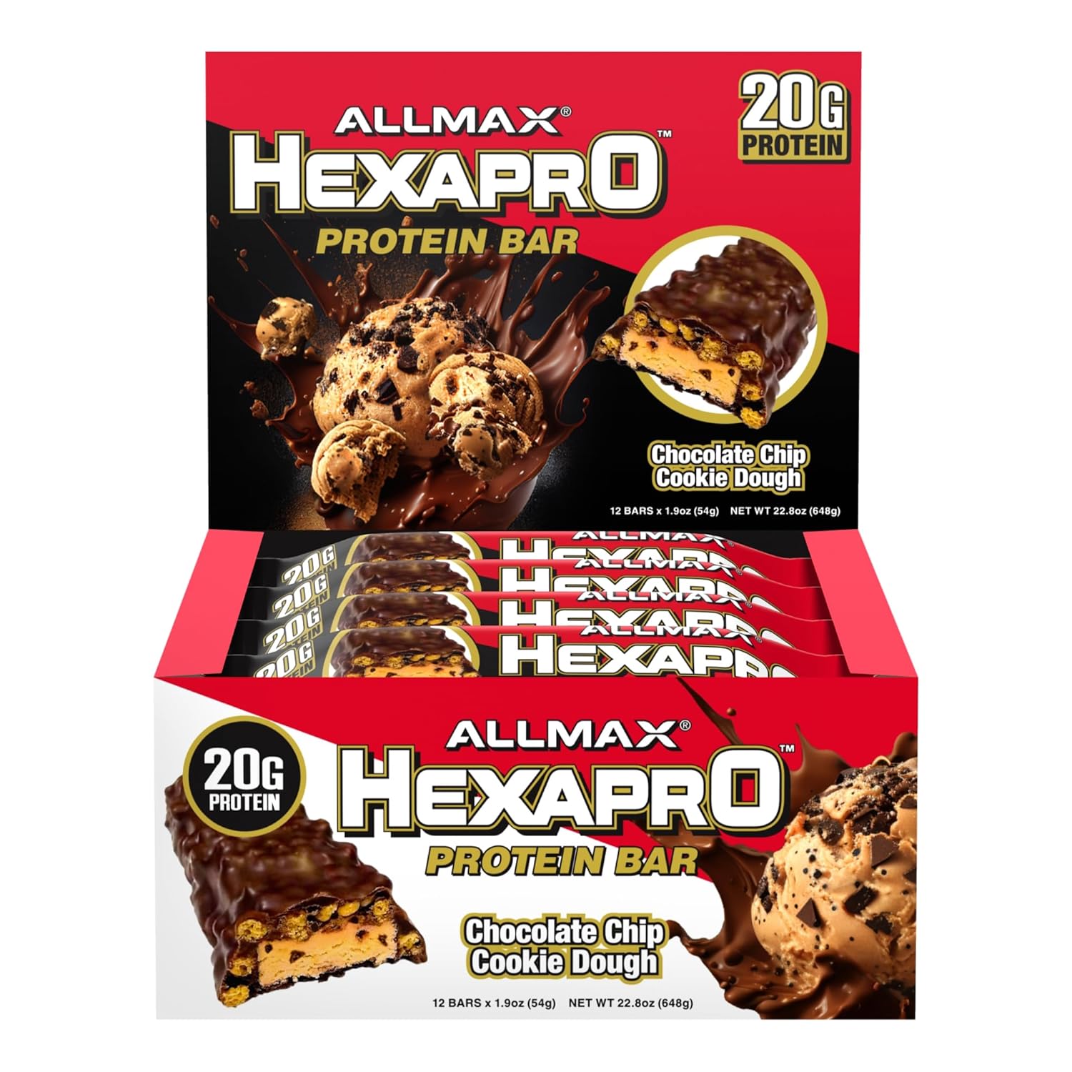12-Pack Allmax Hexapro Protein Bar, Chocolate Chip Cookie Dough - High-Protein Energy Snack with 20g of Whey Protein Isolate - BoostGo Australia