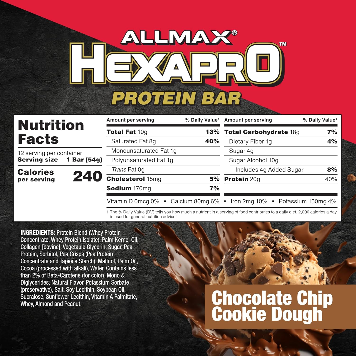 12-Pack Allmax Hexapro Protein Bar, Chocolate Chip Cookie Dough - High-Protein Energy Snack with 20g of Whey Protein Isolate - BoostGo Australia