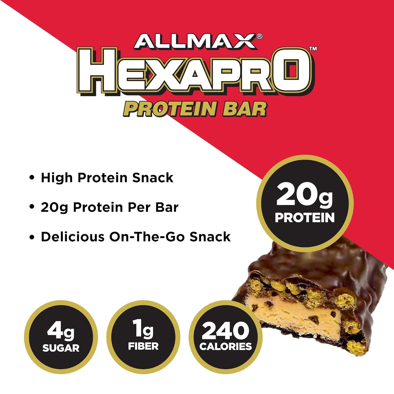 12-Pack Allmax Hexapro Protein Bar, Chocolate Chip Cookie Dough - High-Protein Energy Snack with 20g of Whey Protein Isolate - BoostGo Australia