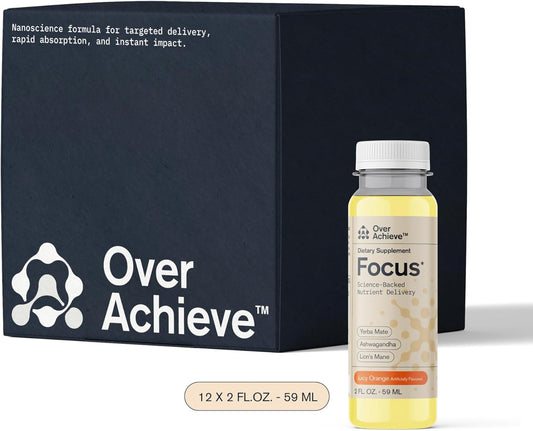 12 Pack Brain Focus Drink for Concentration - Yerba Mate, Ashwagandha, Lions Mane Mushroom - Advanced Nanoscience - Orange Flavor, 2oz