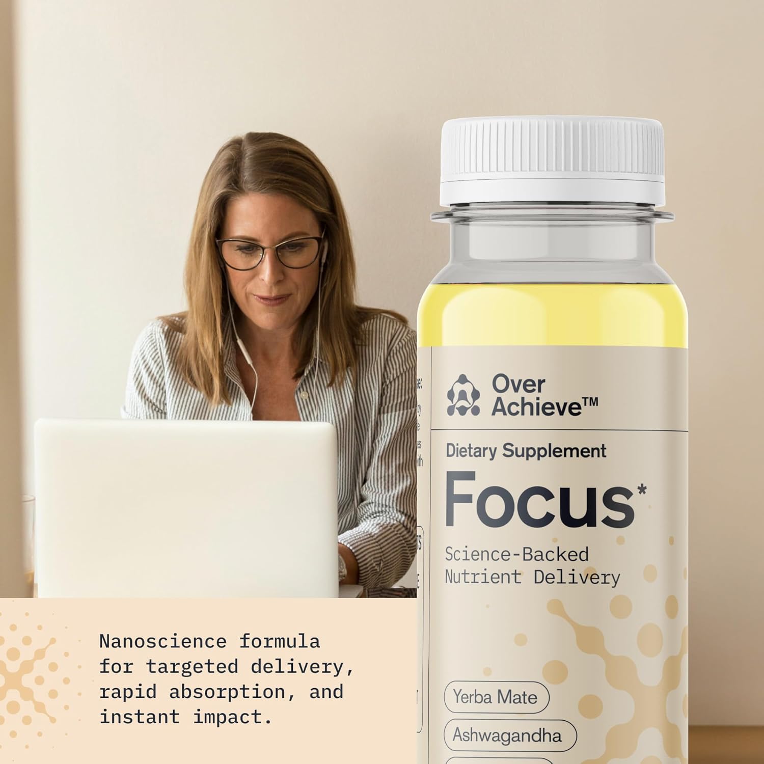 12 Pack Brain Focus Drink for Concentration - Yerba Mate, Ashwagandha, Lions Mane Mushroom - Advanced Nanoscience - Orange Flavor, 2oz