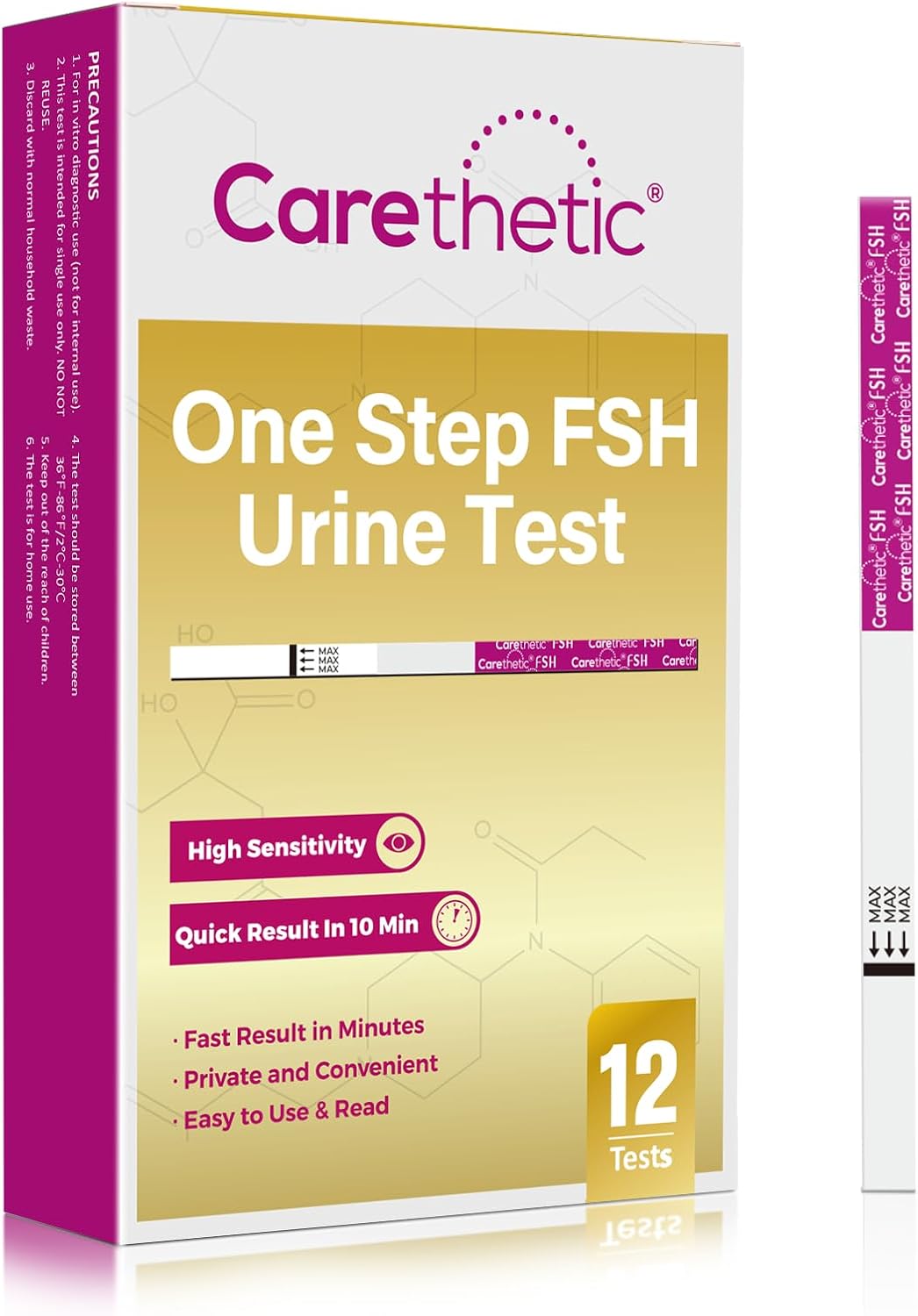 12 Pack Carethetic FSH Menopause Test Strips - Sensitive Home Test Kit for Ovarian Reserve & Fertility