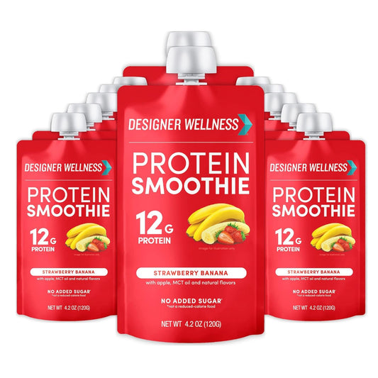 12-Pack Designer Wellness Protein Smoothie with Real Fruit, 12g Protein, Low Carb, Zero Added Sugar, Gluten-Free, Non-GMO - Strawberry Banana Flavor
