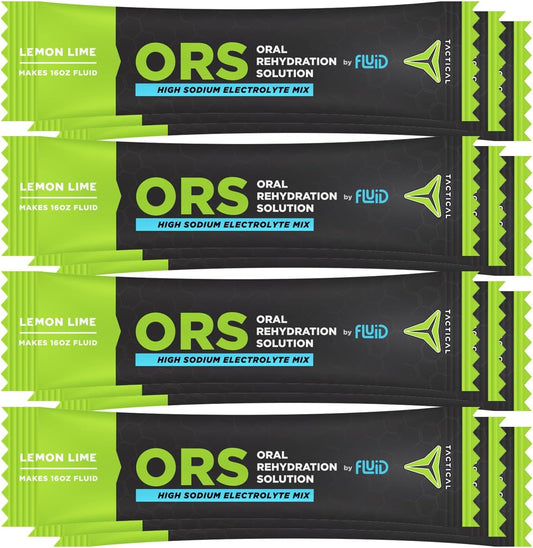 12-Pack Fluid Tactical ORS Electrolyte Drink Mix - Lemon Lime Flavor for Fast Recovery from Extreme Dehydration