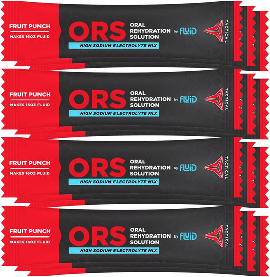 12-Pack Fluid Tactical ORS Electrolyte Drink Mix - Fruit Punch Flavor for Faster Recovery from Extreme Dehydration