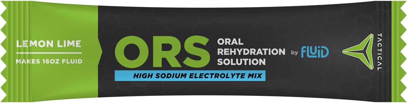 12-Pack Fluid Tactical ORS Electrolyte Drink Mix - Lemon Lime Flavor for Fast Recovery from Extreme Dehydration