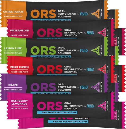 12 Pack Fluid Tactical ORS Electrolyte Solution for Fast Recovery from Extreme Dehydration, Variety Pack with 2 of Each Flavor