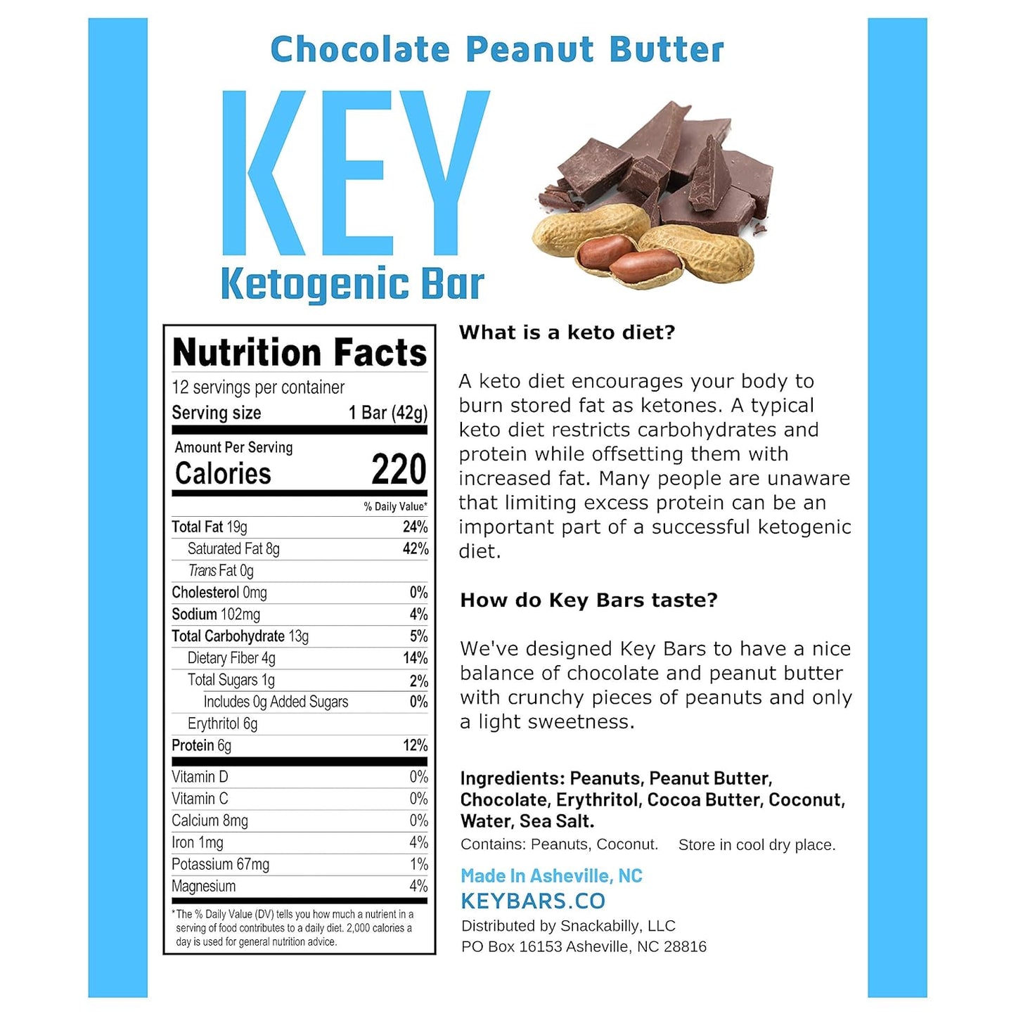 12 Pack KeyBars.co Chocolate Peanut Butter Keto Protein Bars - High Fat, Low Carb Keto Snacks on the Go
