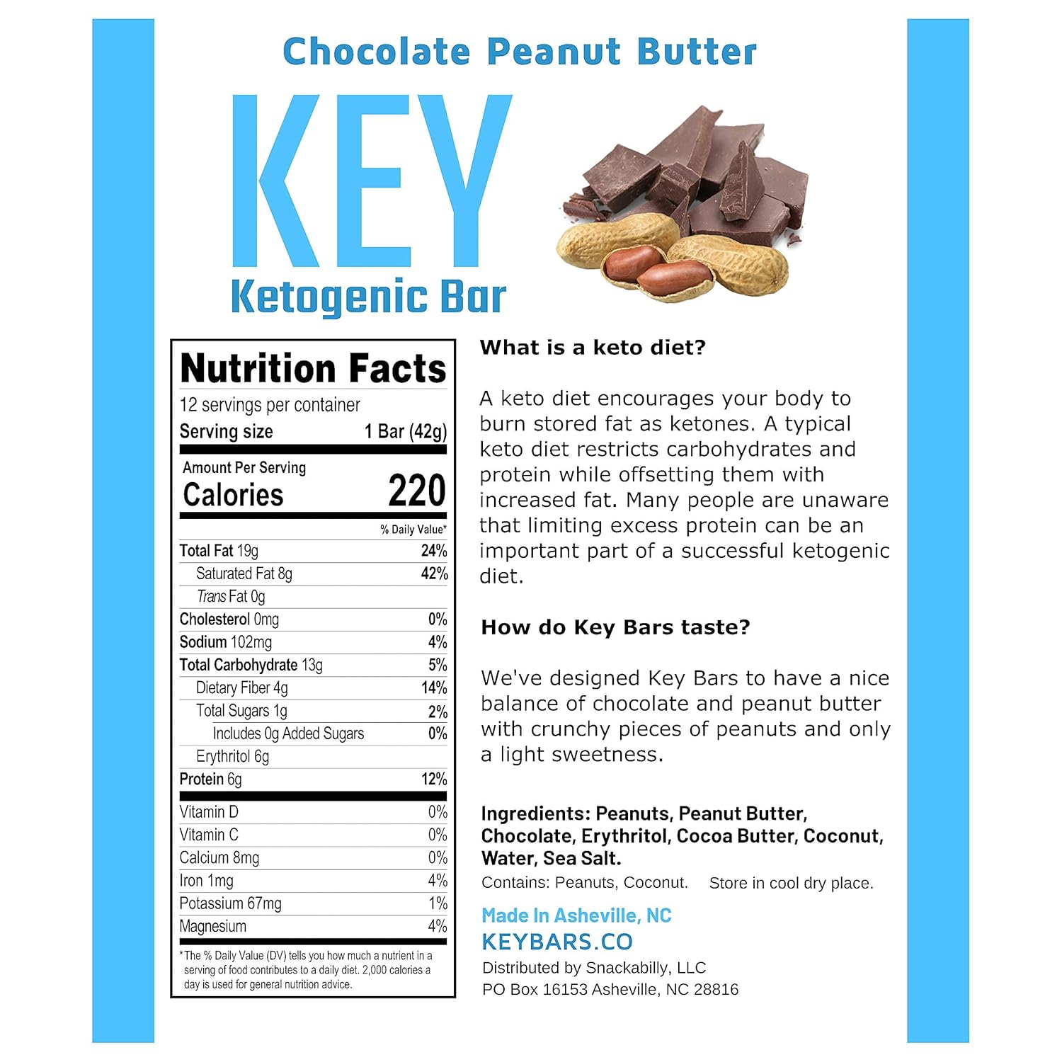 12 Pack KeyBars.co Chocolate Peanut Butter Keto Protein Bars - High Fat, Low Carb Keto Snacks on the Go