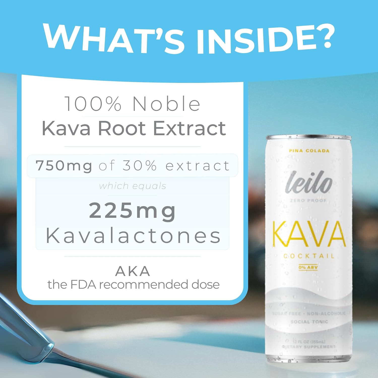12 Pack Leilo Lite "Piña Colada" Mocktail - Sugar Free, Non-Alcoholic Relaxation Drink with Kava - Natural & Gluten Free - 12 oz, Packaging Varies