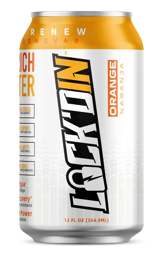 12 Pack LOCK'DIN Hydrogen Infused Water with Quad-C Colloidal Minerals, 12 FL Oz Cans - Orange Flavor