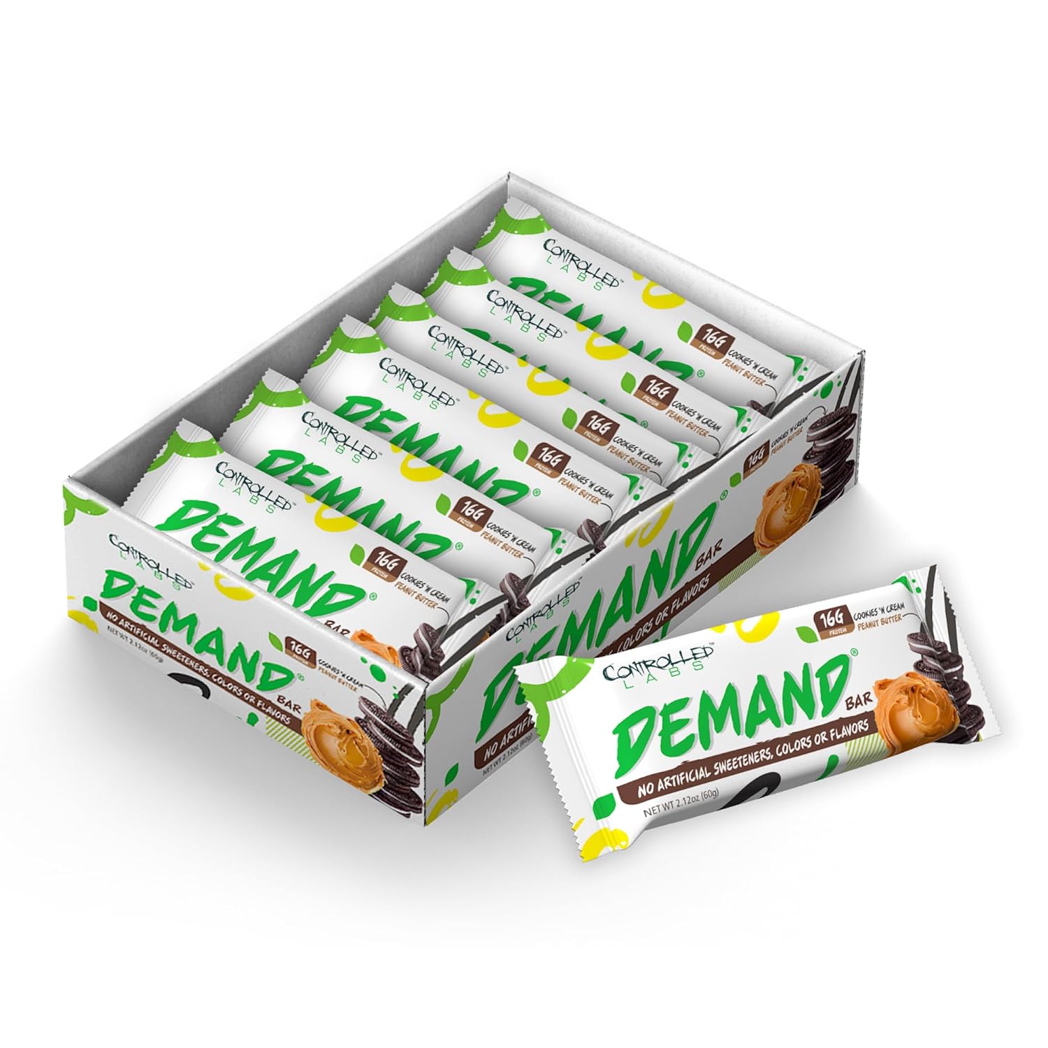 12 Pack of Controlled Labs Demand Protein Bars - Natural High-Protein/Low-Carb Bars with 16g Protein per Serving (Cookies 'n Cream/Peanut Butter)