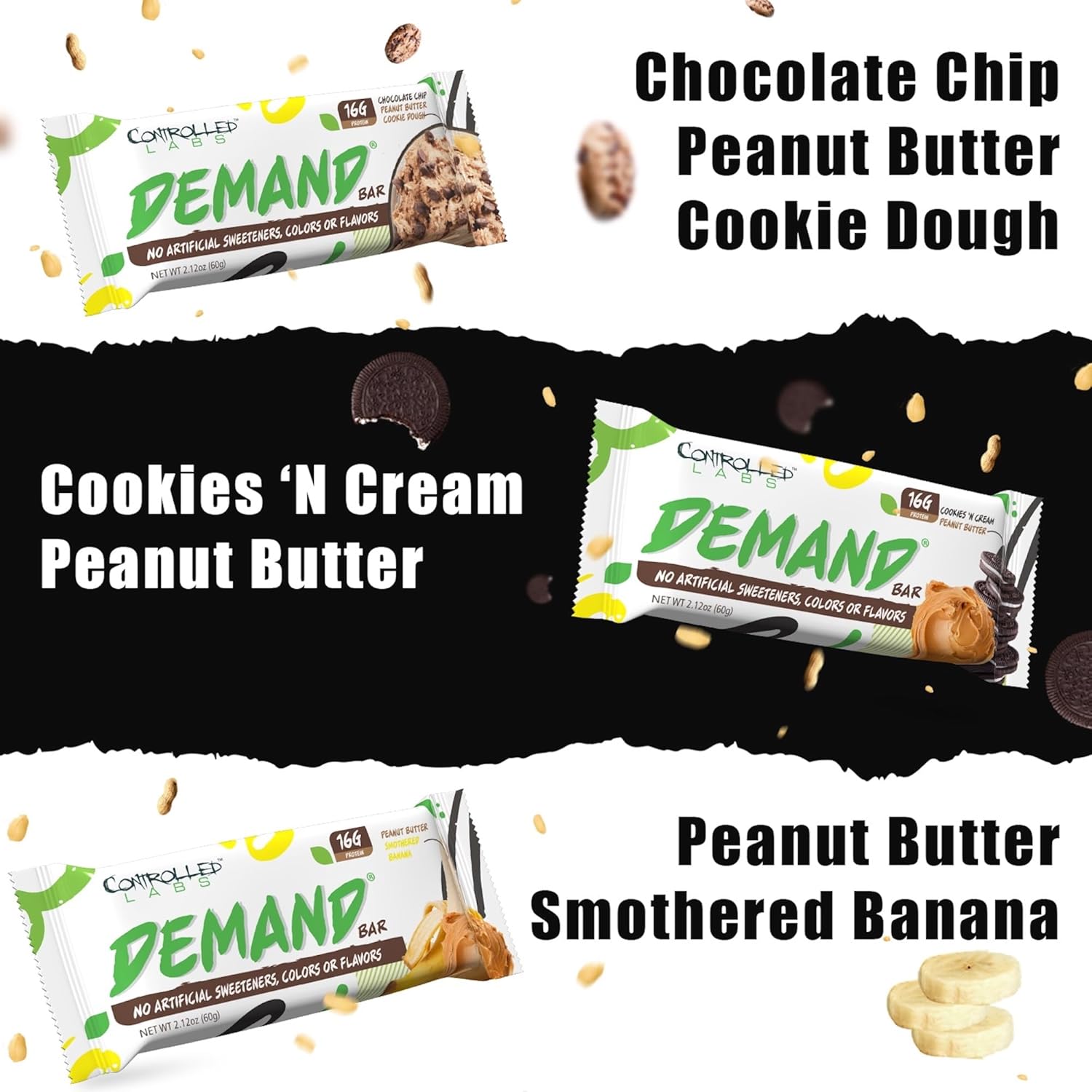 12 Pack of Controlled Labs Demand Protein Bars - Natural High-Protein/Low-Carb Bars with 16g Protein per Serving (Cookies 'n Cream/Peanut Butter)