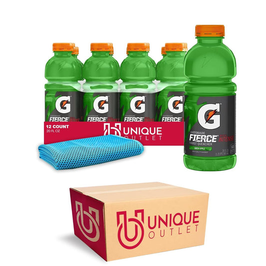 12-Pack of Gatorade Thirst Quencher Sports Drink with Electrolytes and Cooling Towel - Fierce Green Apple Flavor