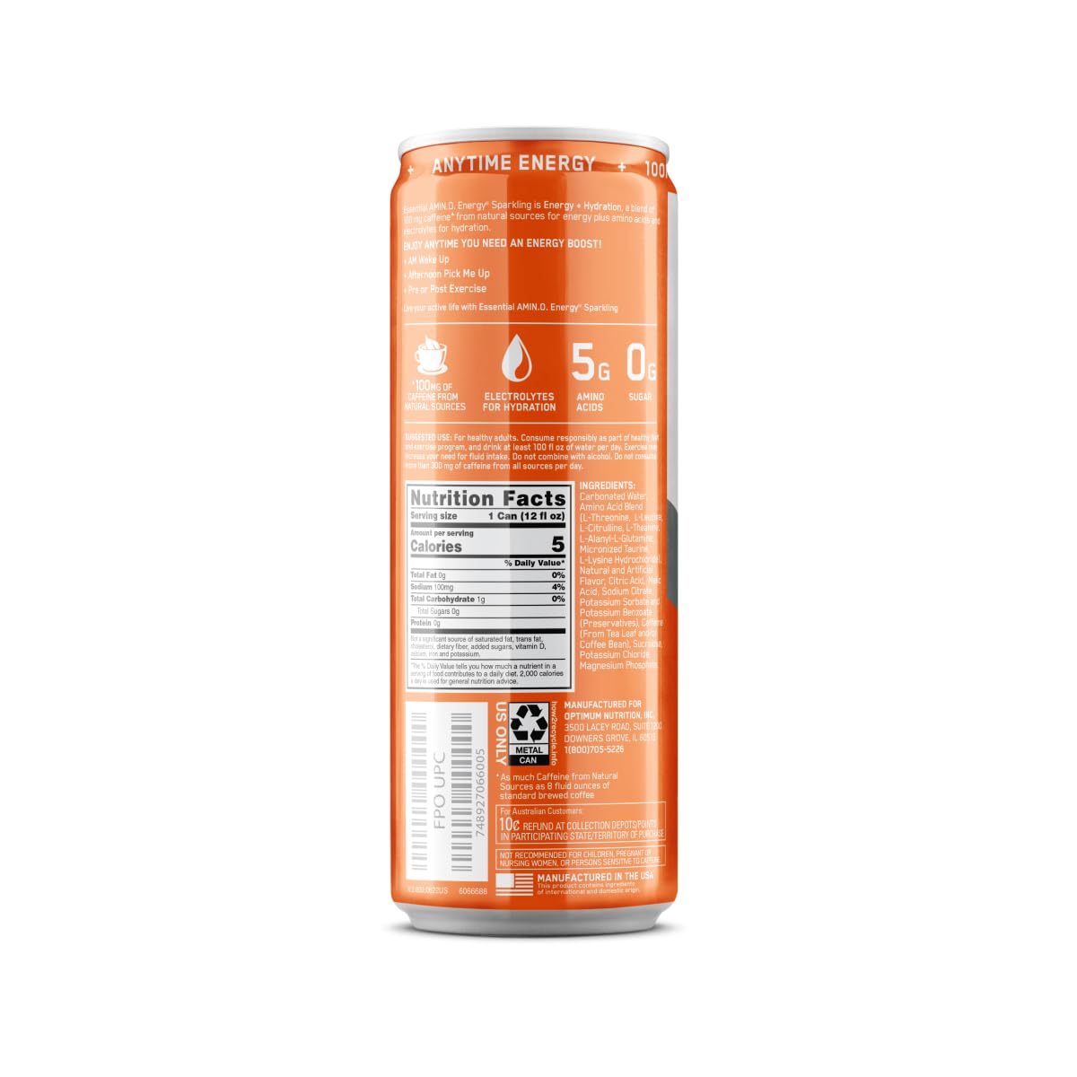 12 Pack of Optimum Nutrition Amino Energy Sparkling Hydration Drink in Orange Blast Flavor, Sugar Free with Electrolytes, Caffeine, Amino Acids, and BCAAs