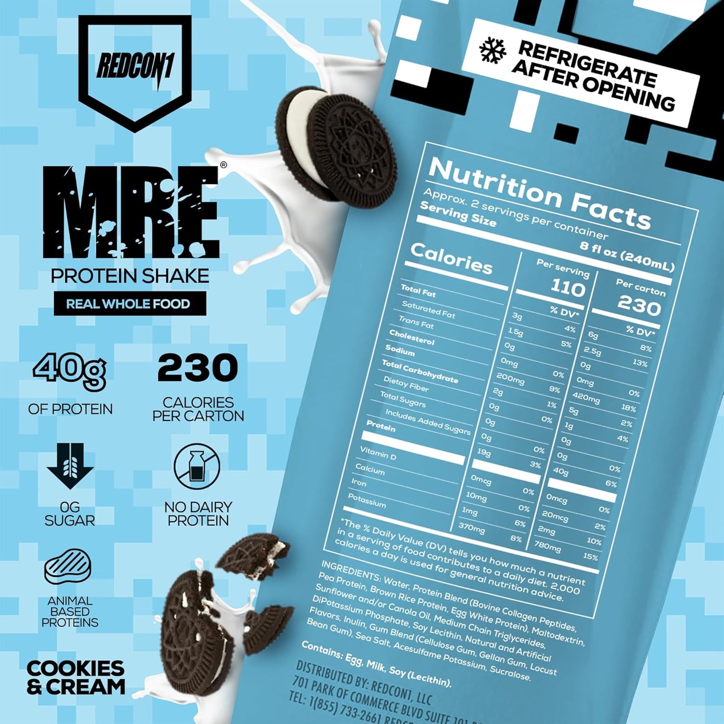 12 Pack of REDCON1 MRE Cookies & Cream Ready to Drink Protein Shakes - Lactose and Whey Free Keto-Friendly Nutritional Shake with Real Whole Food Protein Blends