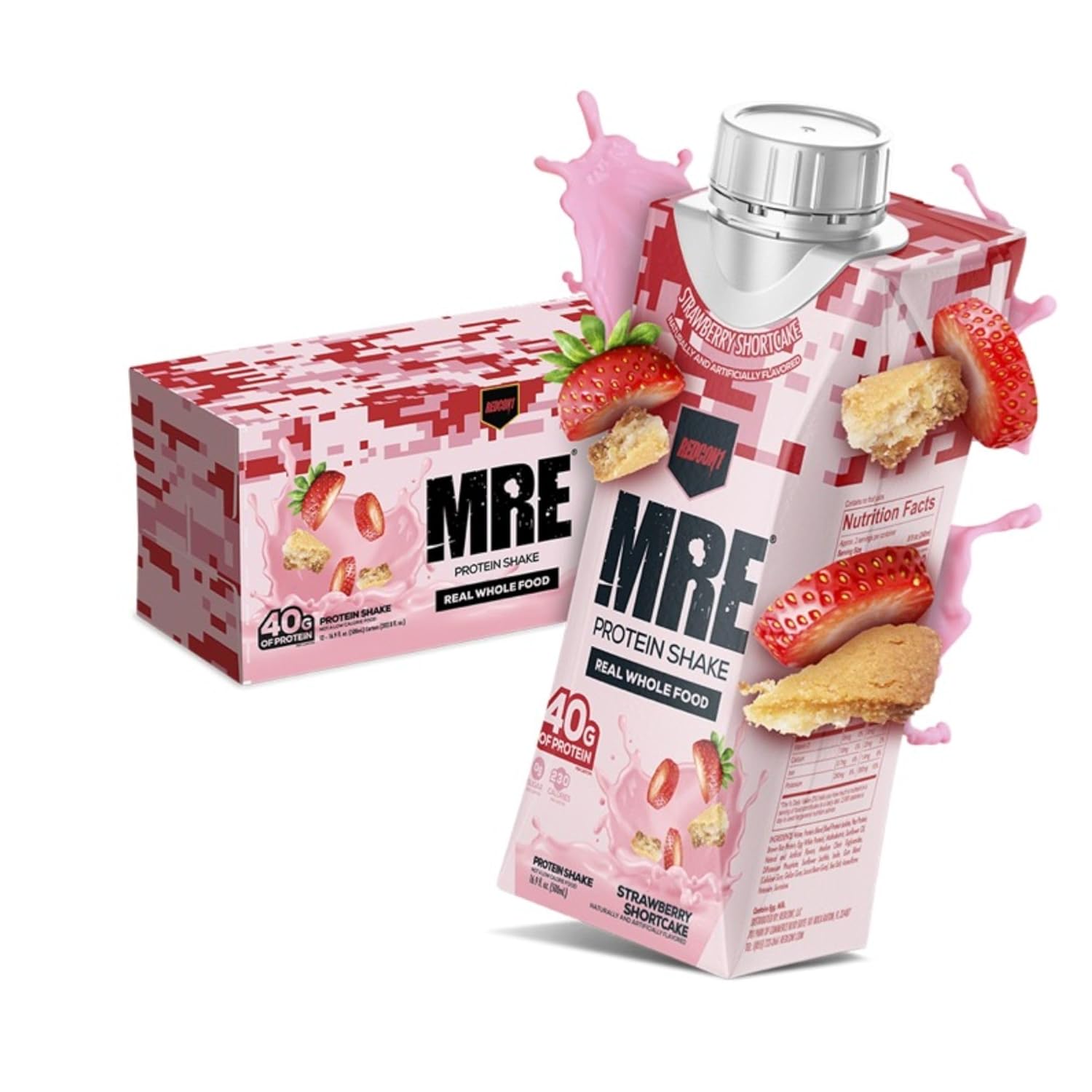12 Pack of REDCON1 MRE Strawberry Shortcake Ready to Drink Protein Shakes - Whole Food Sourced Protein Drinks for Athletes - Sugar-Free RTD Shake to Power Performance