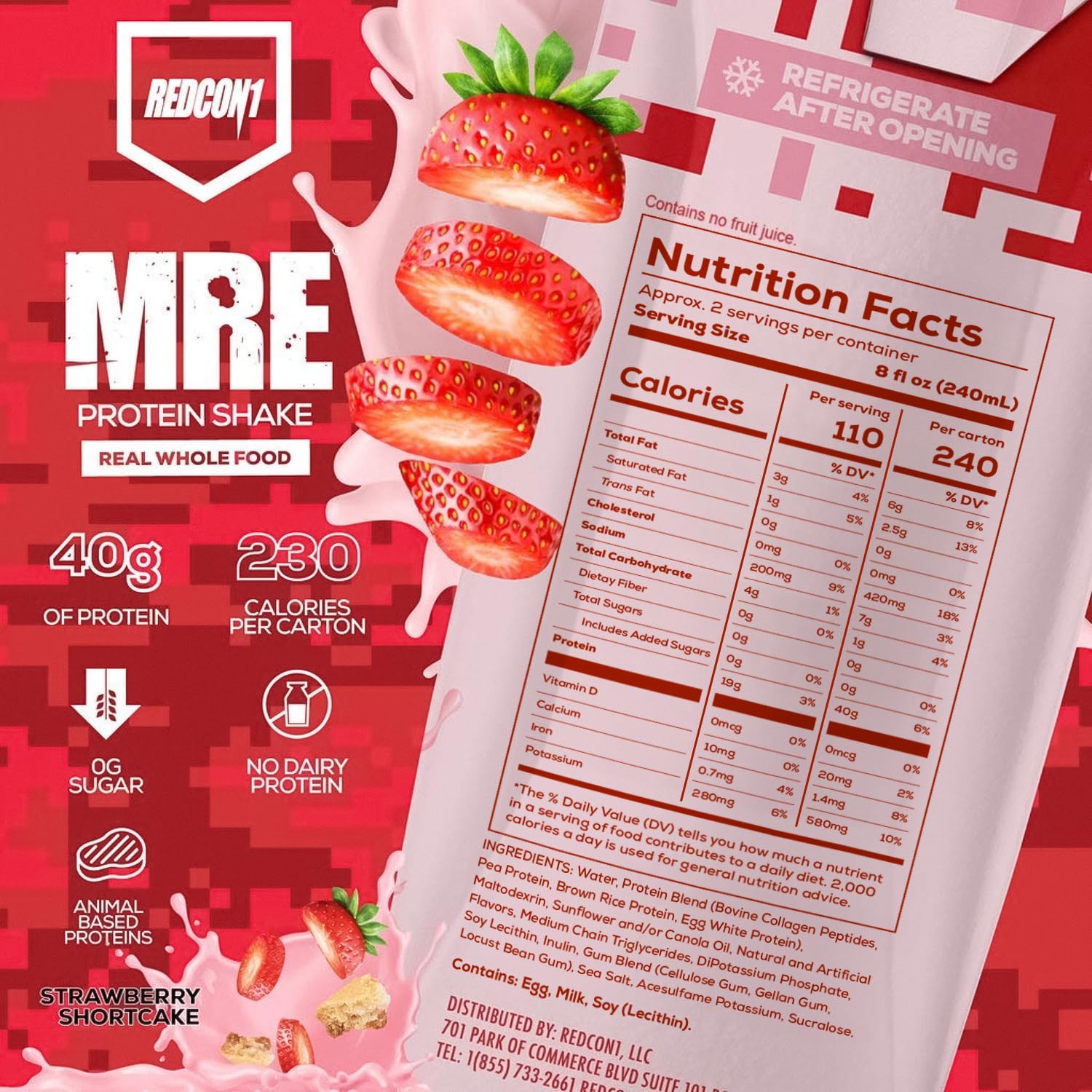 12 Pack of REDCON1 MRE Strawberry Shortcake Ready to Drink Protein Shakes - Whole Food Sourced Protein Drinks for Athletes - Sugar-Free RTD Shake to Power Performance