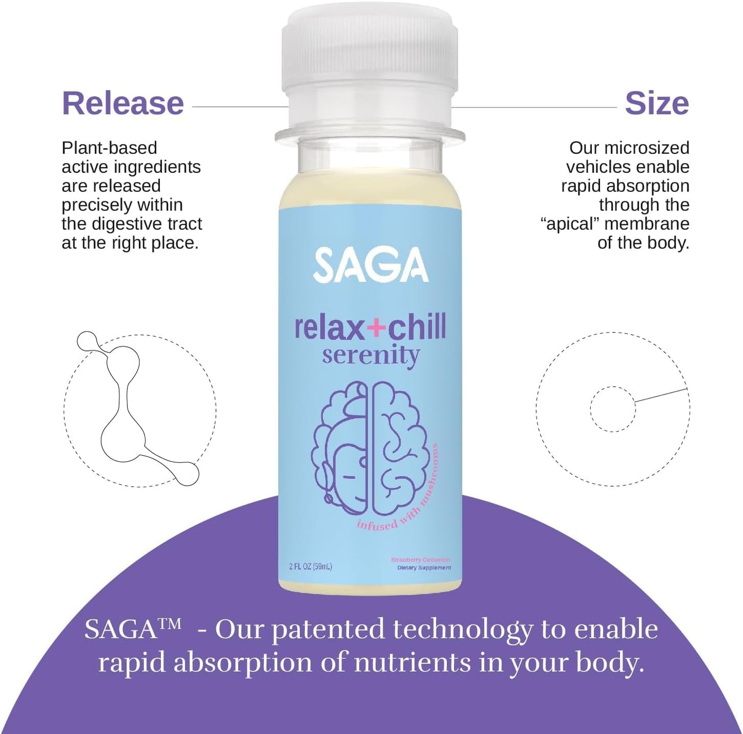 12-Pack of Saga Organic Relaxation Shots with Adaptogens & Lion's Mane Mushrooms - Fast-Acting Mood Booster & Fatigue Reducer in Strawberry Cucumber Flavor