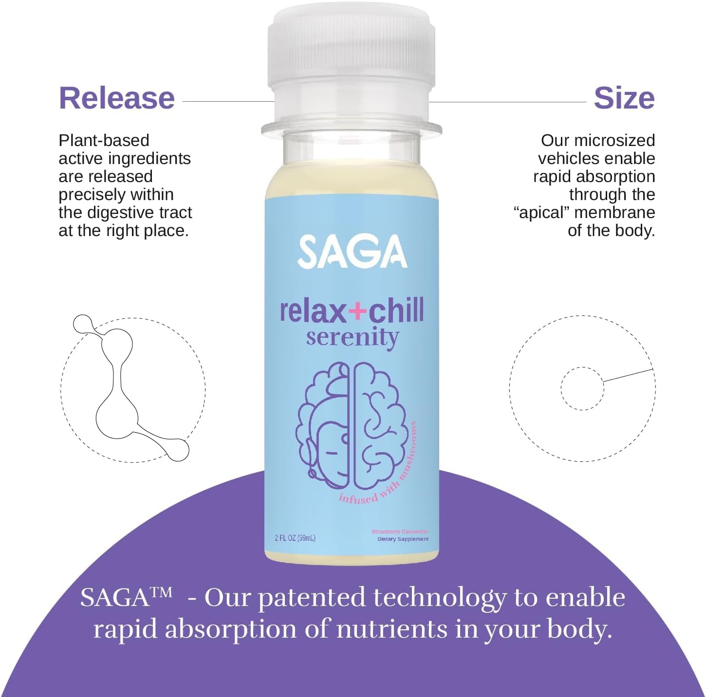 12-Pack of Saga Organic Relaxation Shots with Adaptogens & Lion's Mane Mushrooms - Fast-Acting Mood Booster & Fatigue Reducer in Strawberry Cucumber Flavor