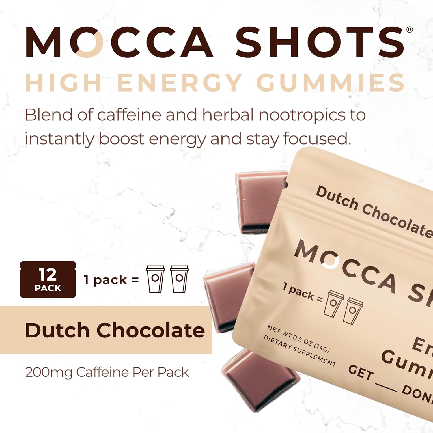 12-Pack of SGC Seattle Gummy Company Dutch Chocolate Mocca Caffeine Energy Gummies - Nootropic, Vegan, Gluten Free (200mg Caffeine)