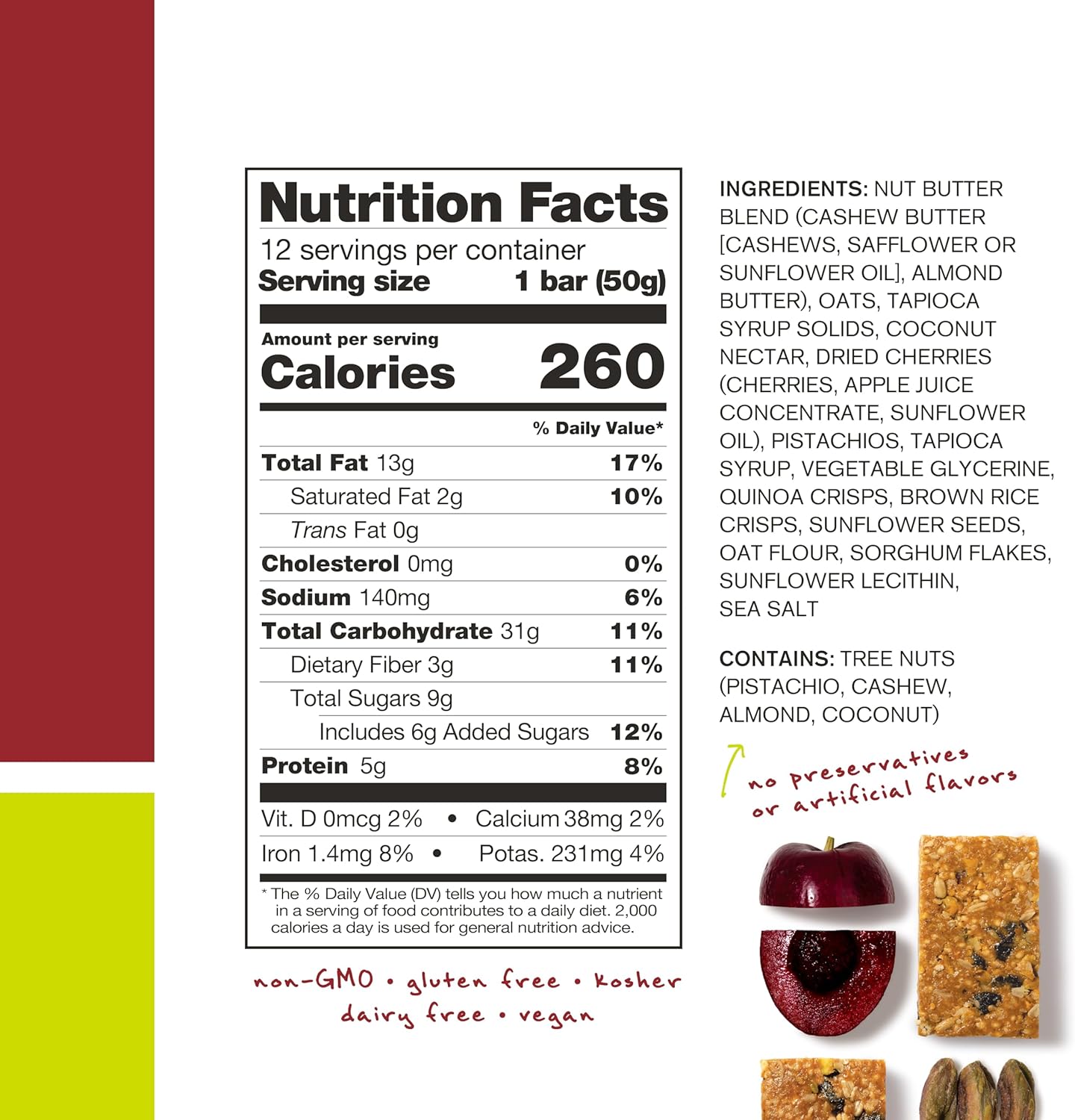12 Pack of Skratch Labs Cherry Pistachio Energy Bars - Plant Based Snack with Low Sugar, 4g Protein - Non-GMO, Gluten Free, Soy Free, Vegan, Kosher