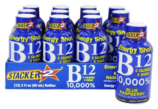 12 Pack of Stacker 2 Blue Raspberry B12 Energy Shots for Boosting Energy Levels