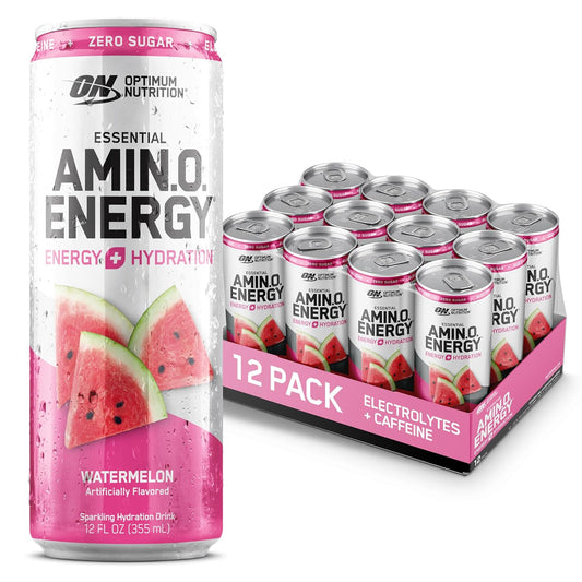 12-Pack Optimum Nutrition Amino Energy Sparkling Hydration Drink, Watermelon Flavor - Electrolytes, Caffeine, Amino Acids, BCAAs - Sugar-Free
